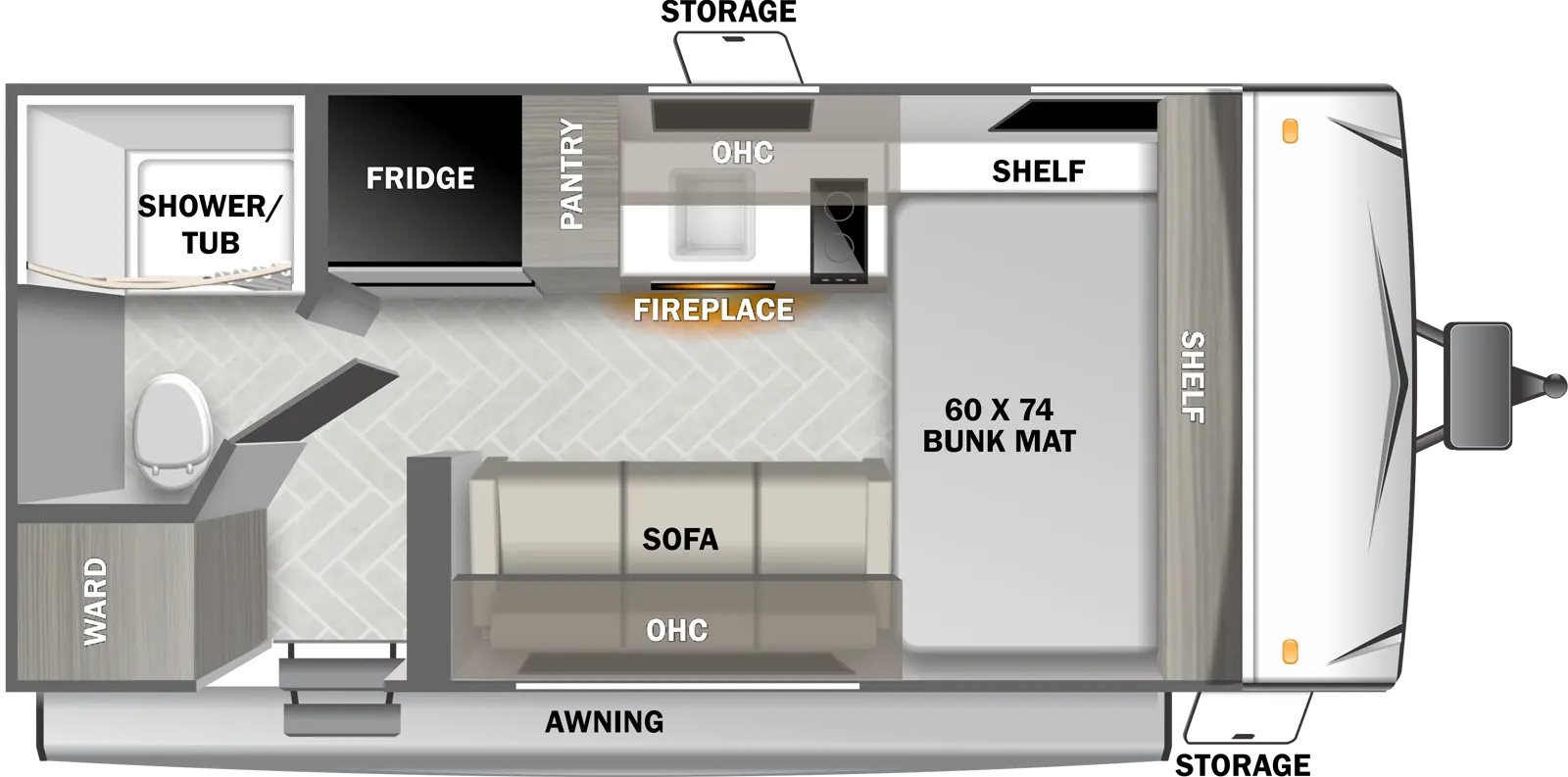 The T157FBCE has zero slideouts and one entry. Exterior features an awning and storage. Interior layout front to back: side-facing bunk mat with shelf along front wall and off-door side; door side sofa and overhead cabinet, and entry door; off-door side kitchen counter with cooktop, sink, overhead cabinet, pantry and refrigerator; rear wardrobe, and bathroom with toilet and shower/tub only.